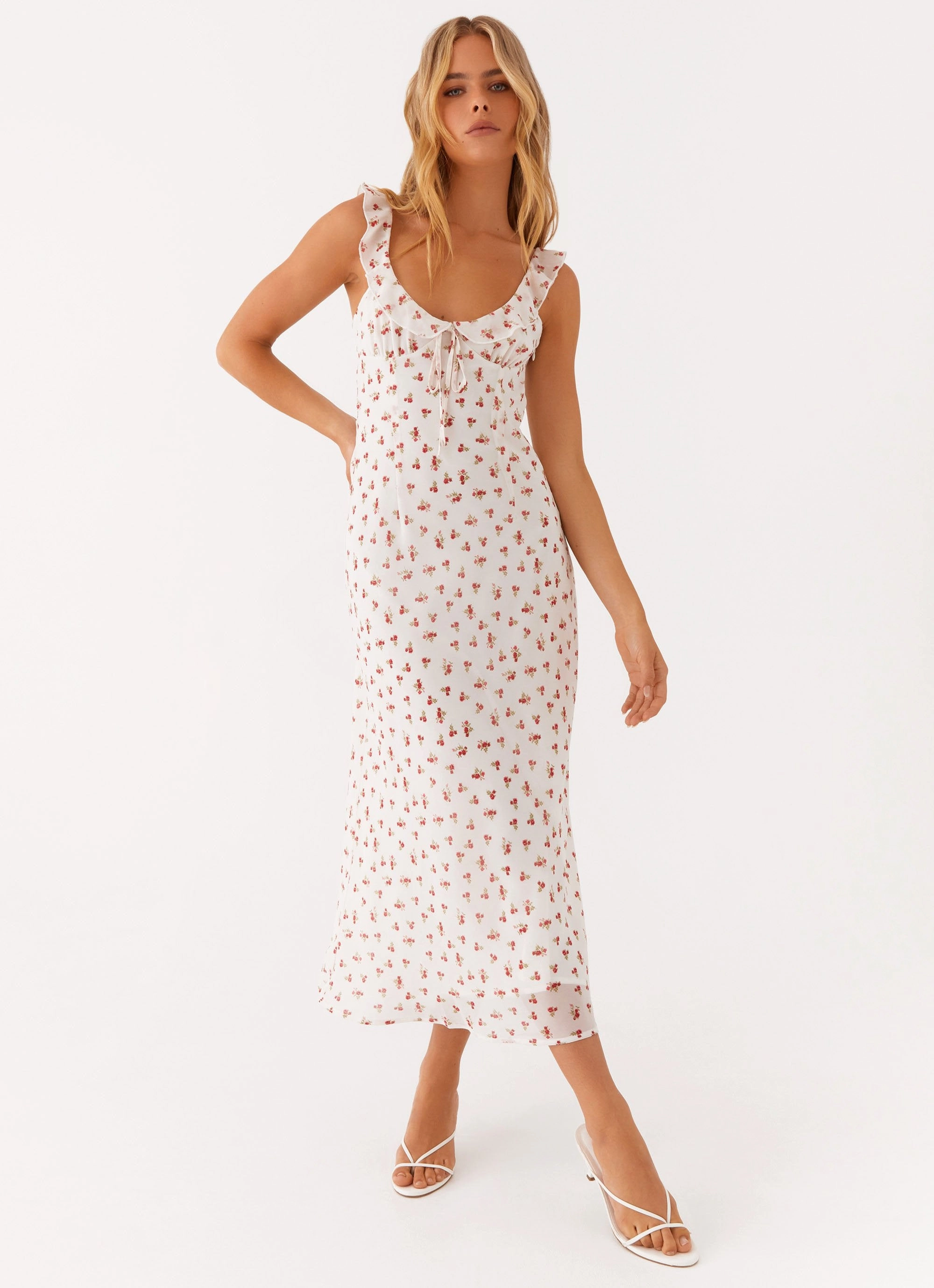 Calm Grace Second Guessing Midi Dress - Red White Floral