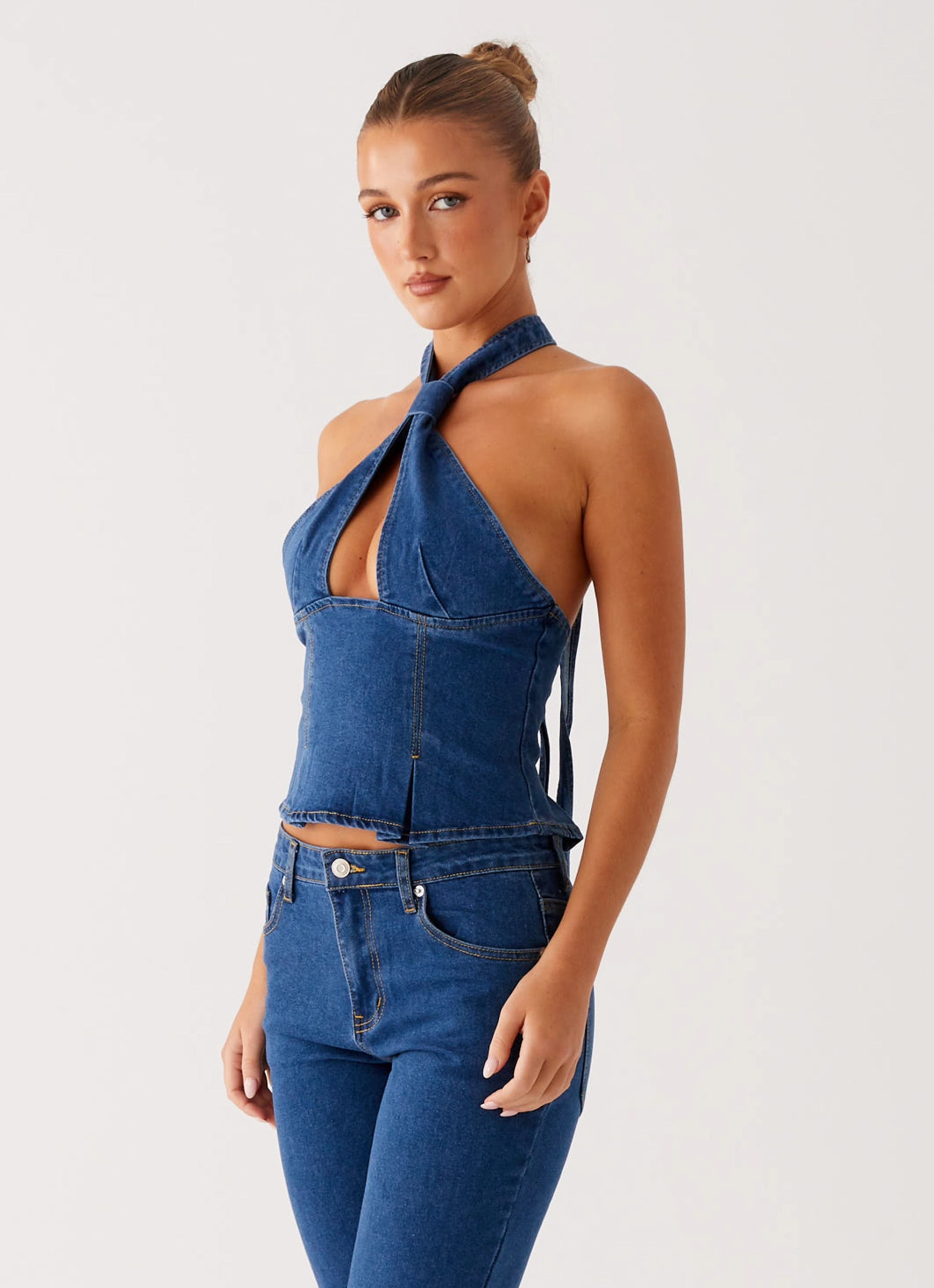 Saylor Halter Denim Top - Indigo Flatlock Seam AbrasionResistant Surface