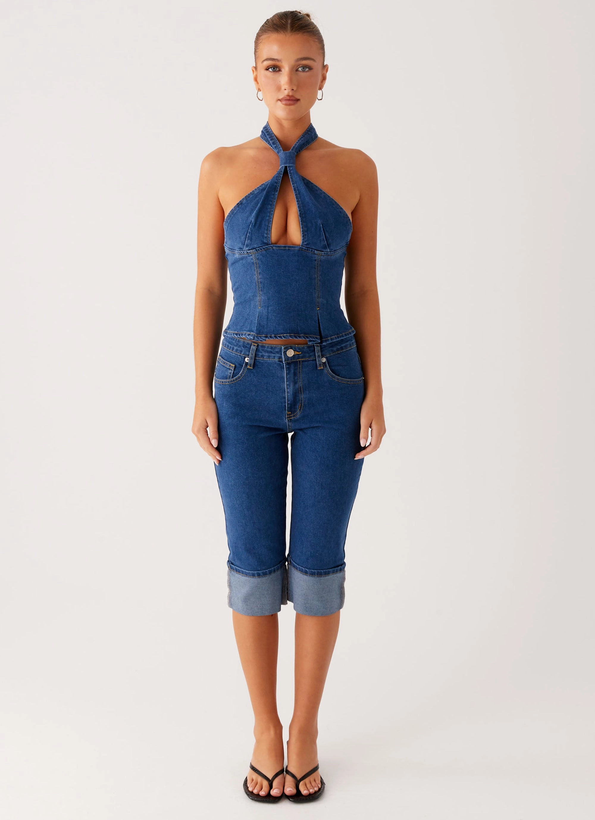 NonFadeFinish Sustainable Waterproofing Saylor Halter Denim Top - Indigo