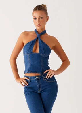 Saylor Halter Denim Top - Indigo Athletic Wear