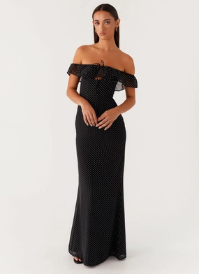 Summer Air Smart Waist Design Scarlet Cherry Maxi Dress - Black Polka Dot
