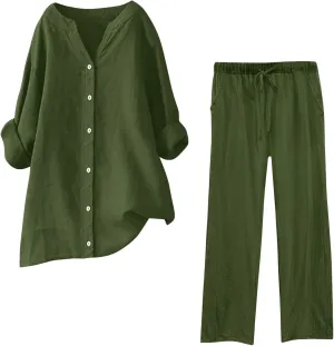 sdbrld Trajes De Verano para Mujeres Summer Outfits Linen Short Sets for Women Summer Outfits for Women,Womens Beach Vacation Outfits Dandelion Print Short Sleeve Tops and Camo Pants Sets (Z62-AG, M)