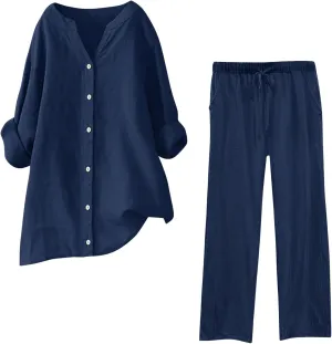 sdbrld Trajes De Verano para Mujeres Summer Outfits Linen Short Sets for Women Summer Outfits for Women,Womens Beach Vacation Outfits Dandelion Print Short Sleeve Tops and Camo Pants (Z62-Navy, L)