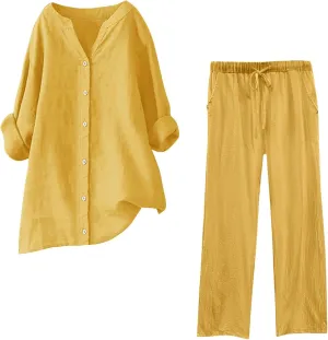 sdbrld Trajes De Verano para Mujeres Summer Outfits Linen Short Sets for Women Summer Outfits for Women,Womens Beach Vacation Outfits Dandelion Print Short Sleeve Tops and Camo Pants (Z62-Yellow, L)