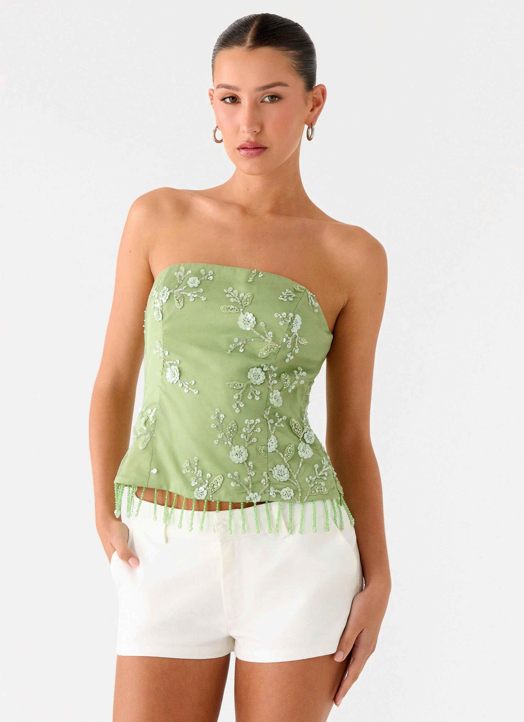 Durable Reinforced Elbows Convertible Design Sea Garden Beaded Strapless Top - Green
