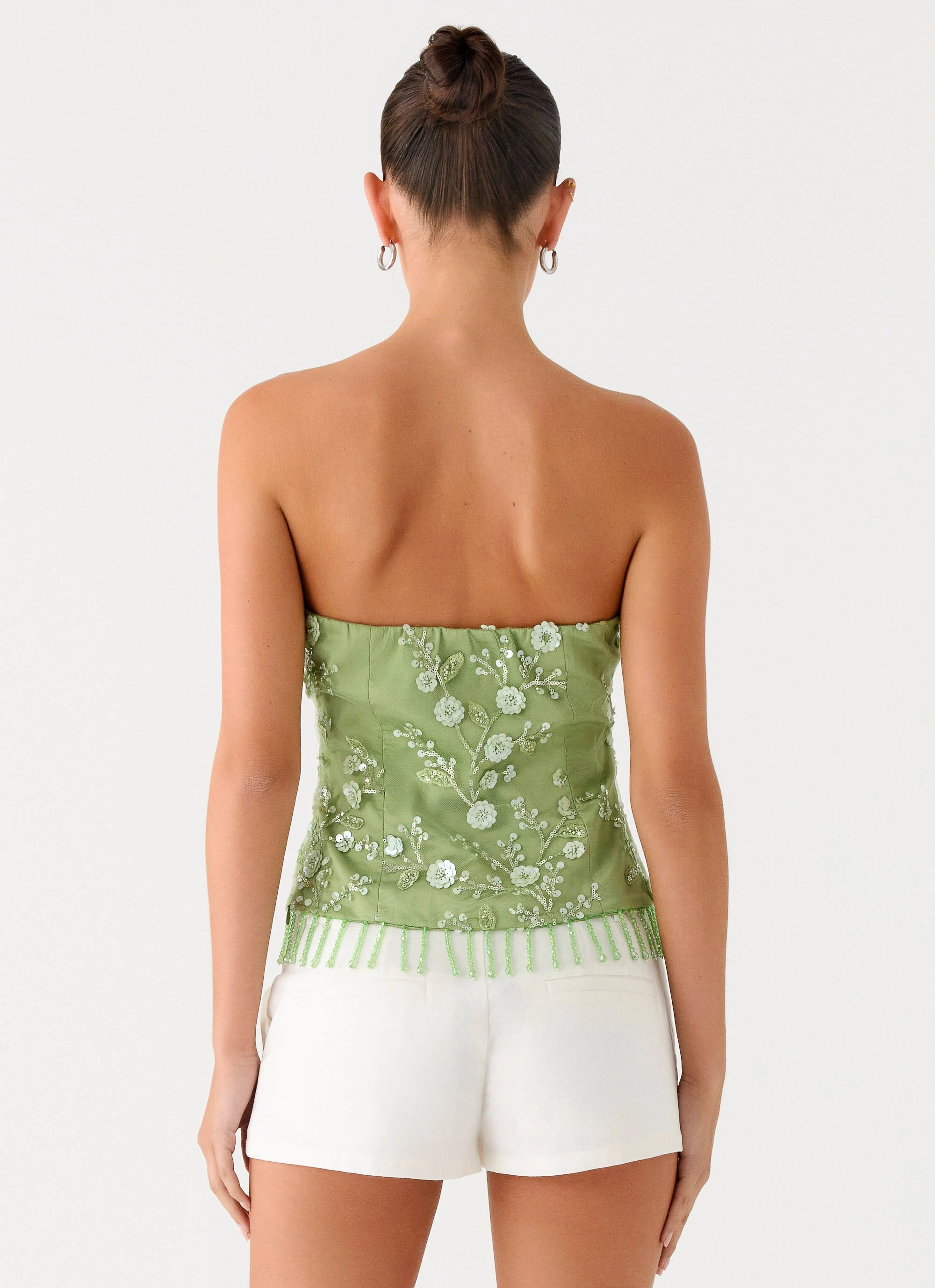 Sea Garden Beaded Strapless Top - Green HeatPressedLogos Ribbed collar