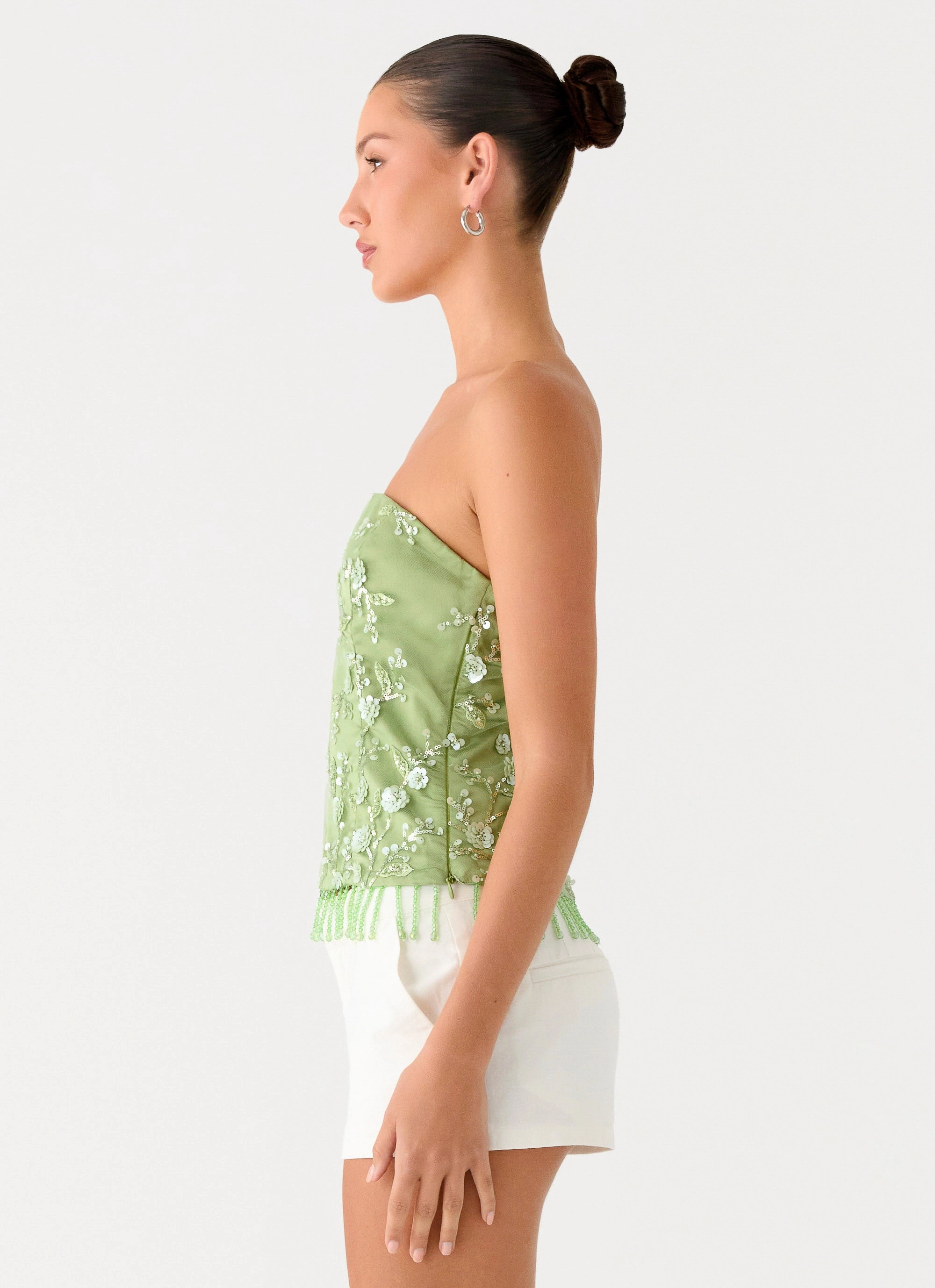 Sea Garden Beaded Strapless Top - Green Simple Shirt Tactile Soft Texture