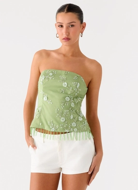 Durable Reinforced Elbows Convertible Design Sea Garden Beaded Strapless Top - Green