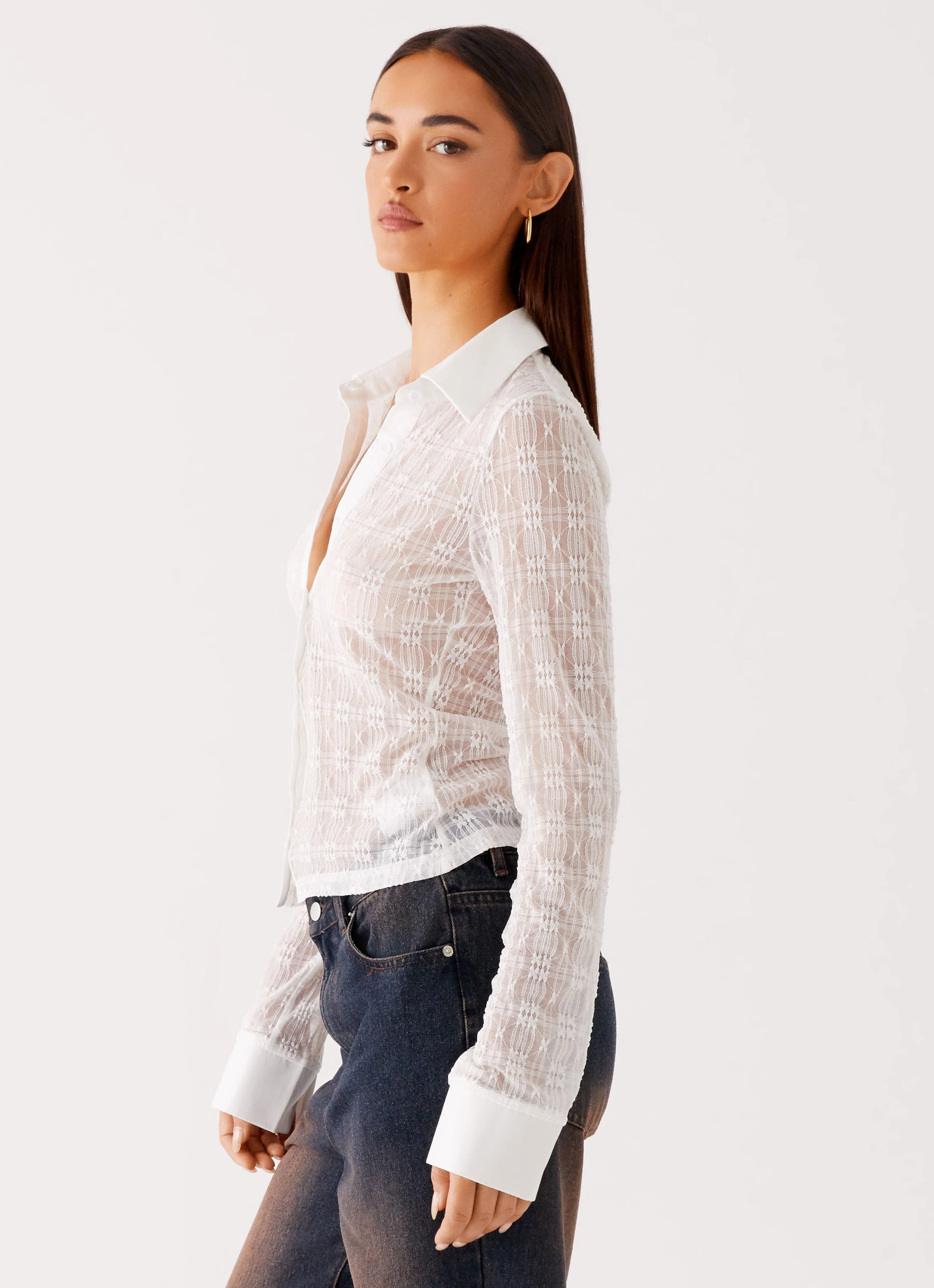 RelaxedNeckline Loui Lace Long Sleeve Top - White