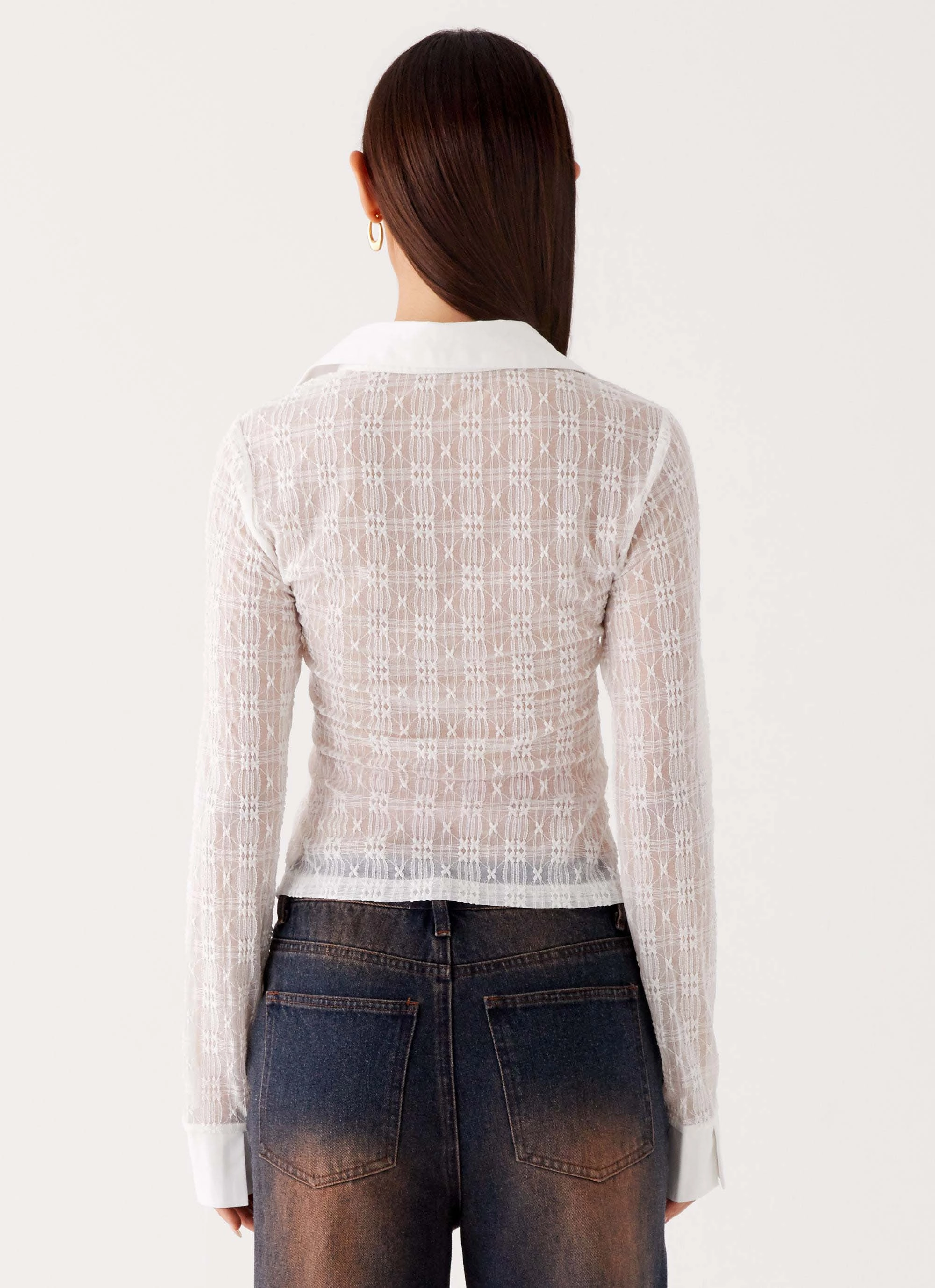 Loui Lace Long Sleeve Top - White Flexible Ribbing Friction Resistant Edges