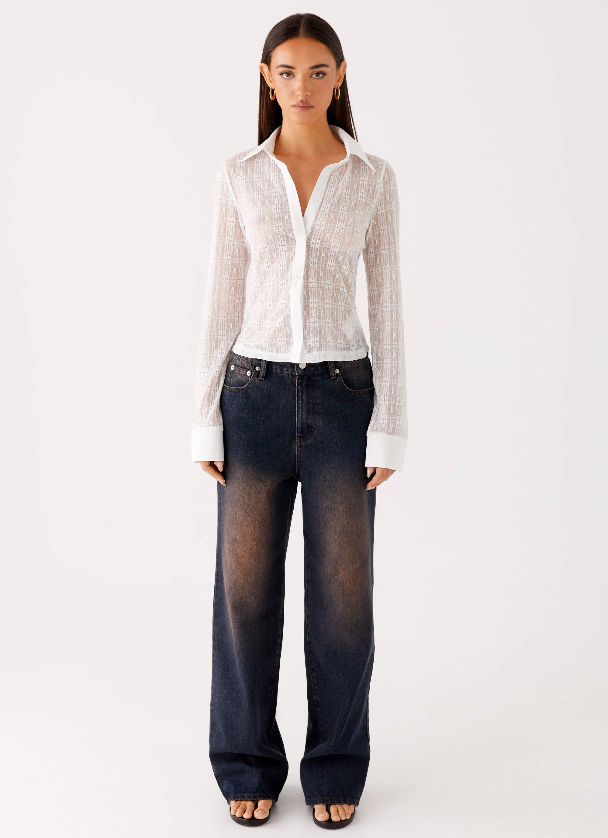Yarn Dyed Pattern Cloth Raw Edge Finish Loui Lace Long Sleeve Top - White