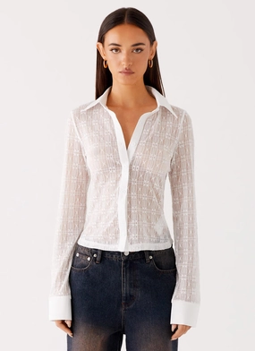 WrinkleResistantWeave Loui Lace Long Sleeve Top - White