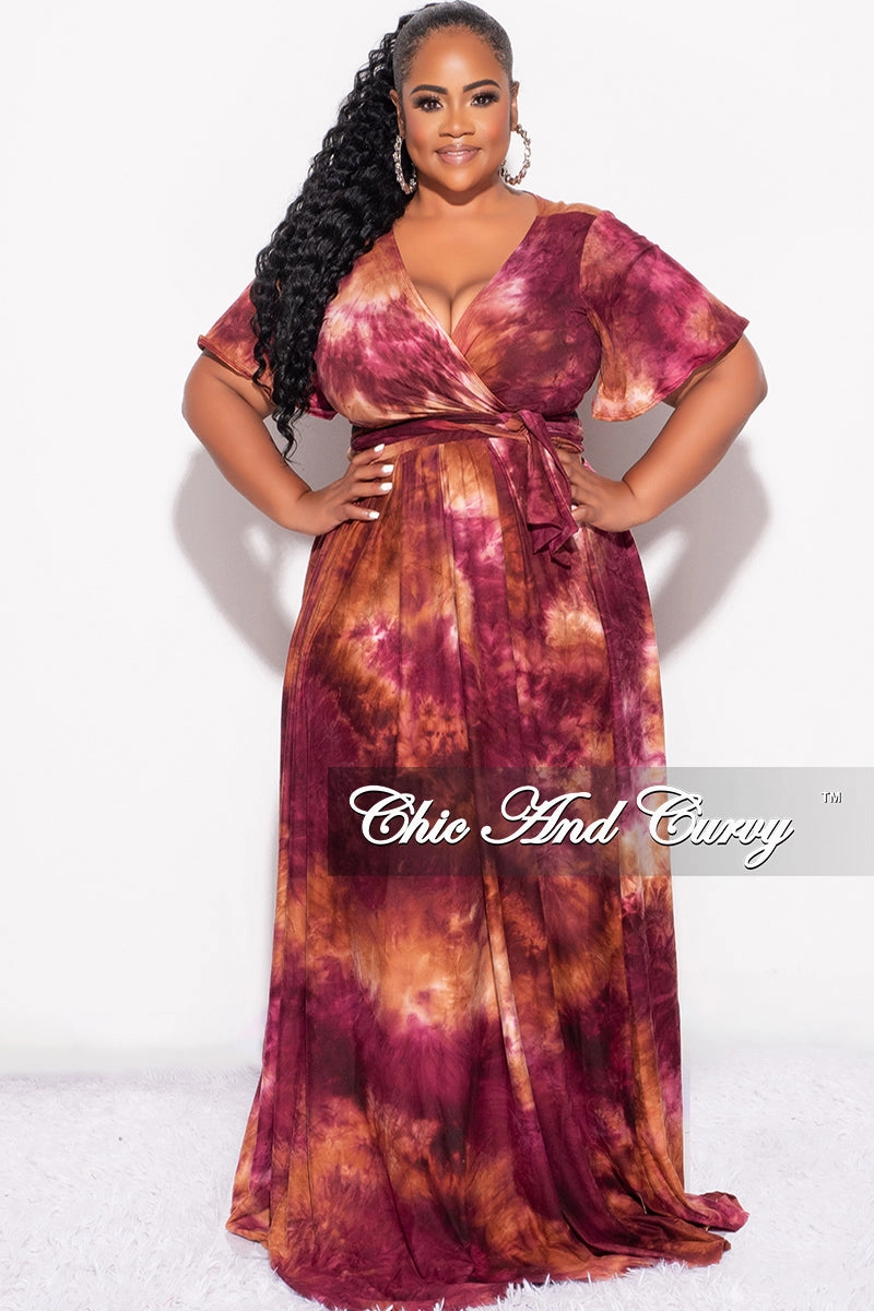 Final Sale Plus Size 2pc Cropped Tie Top and Skirt Set in Burgundy & Orange Tie Summer Casual Vibe WrinkleFreeFabric