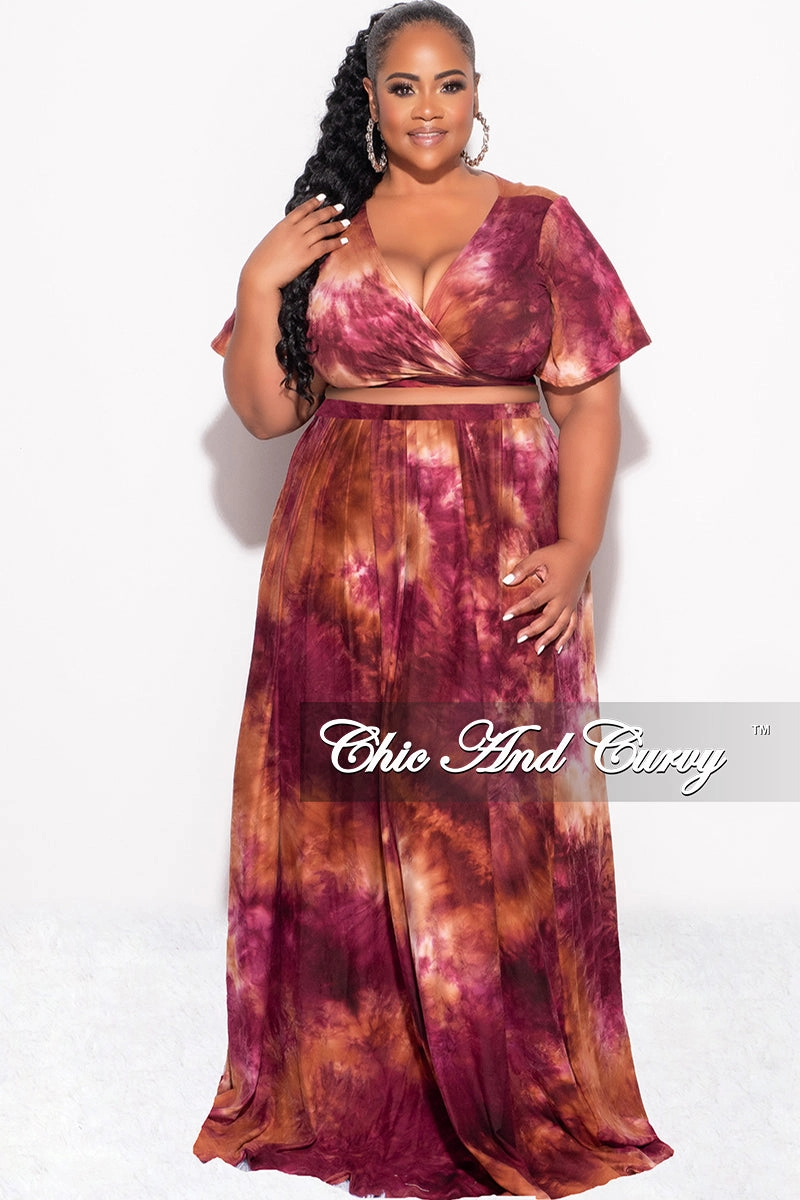 Final Sale Plus Size 2pc Cropped Tie Top and Skirt Set in Burgundy & Orange Tie Summer Minimal Waistband