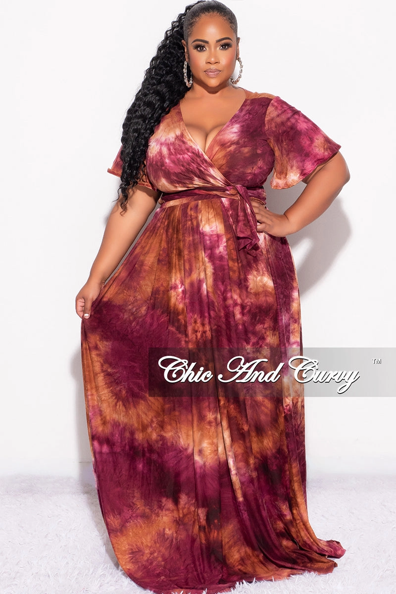 Final Sale Plus Size 2pc Cropped Tie Top and Skirt Set in Burgundy & Orange Tie Summer Layer-Friendly