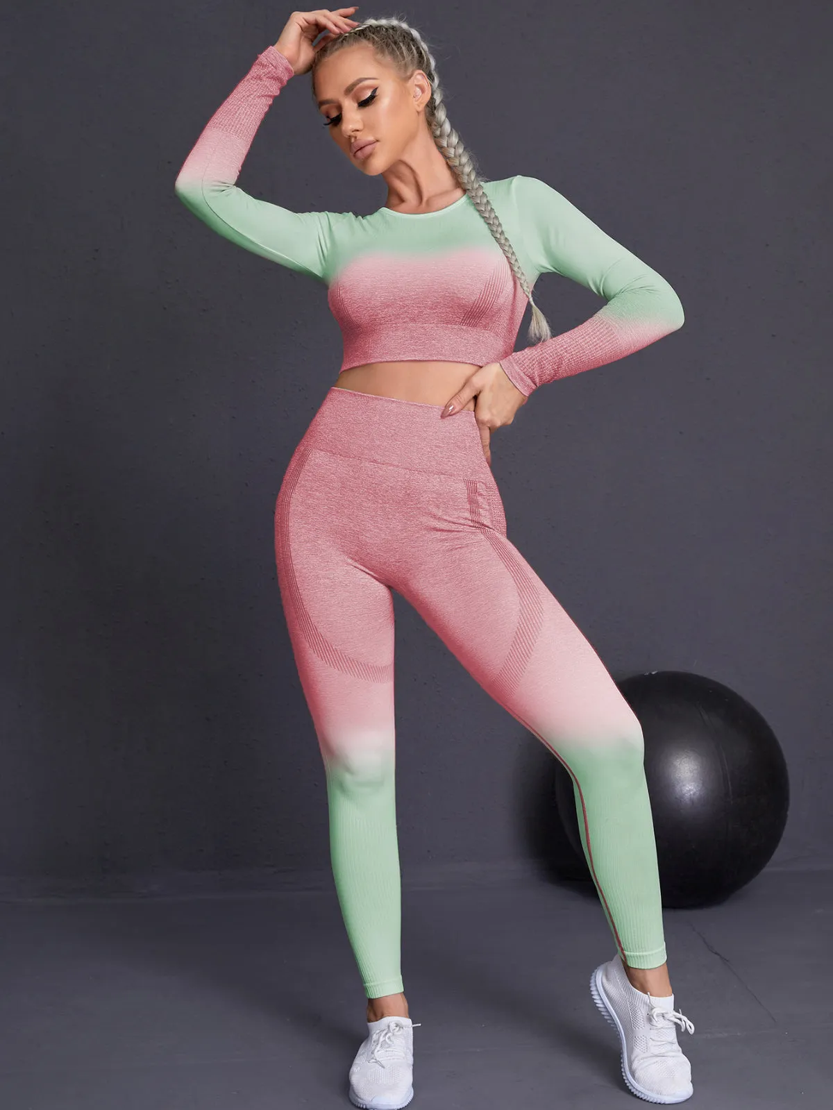 Seamless Watermelon Ombre Padded Sports Bra and Leggings Gym Set