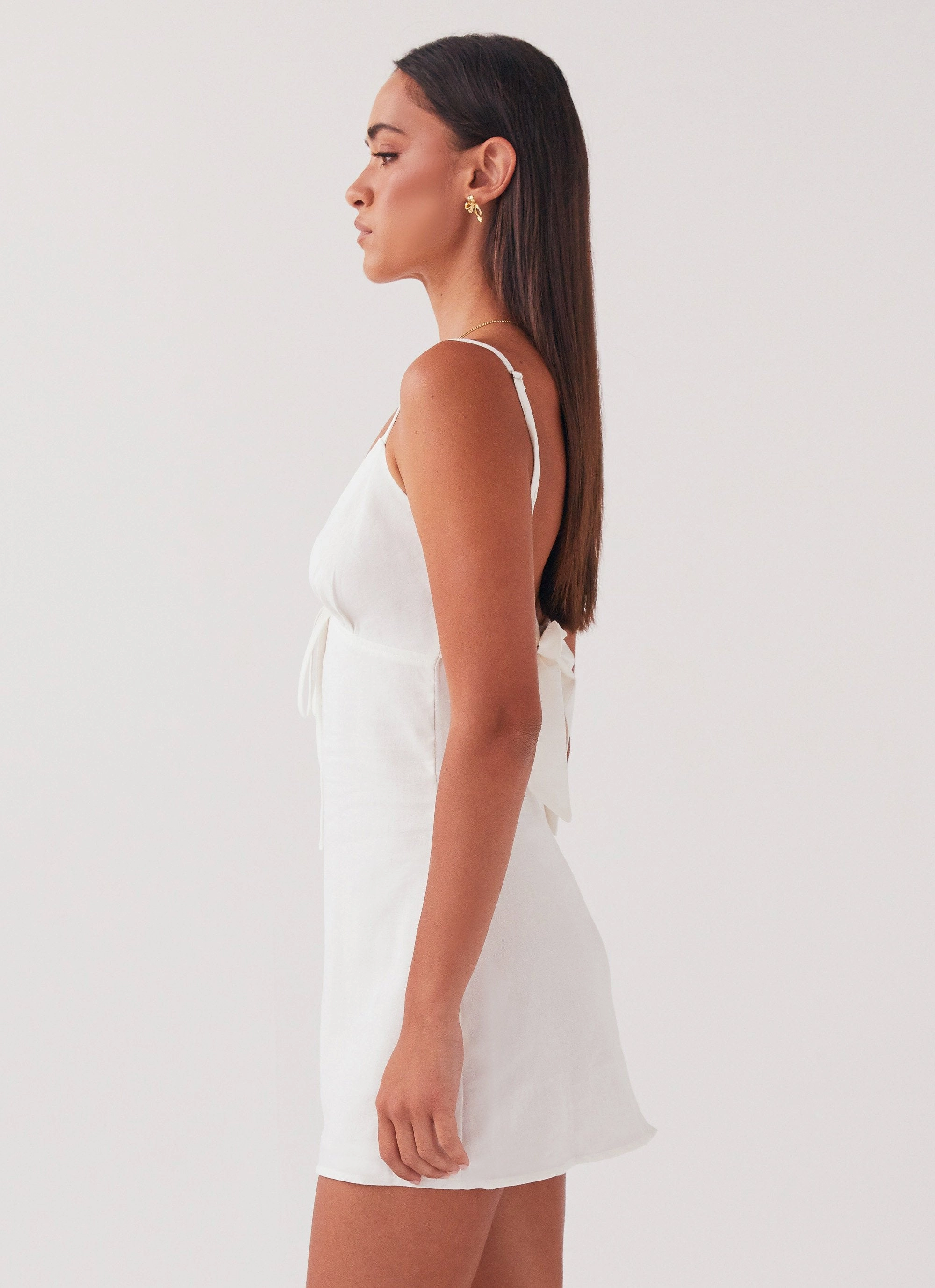 Flora Linen Mini Dress - White Relaxed-fit gown Office Casual