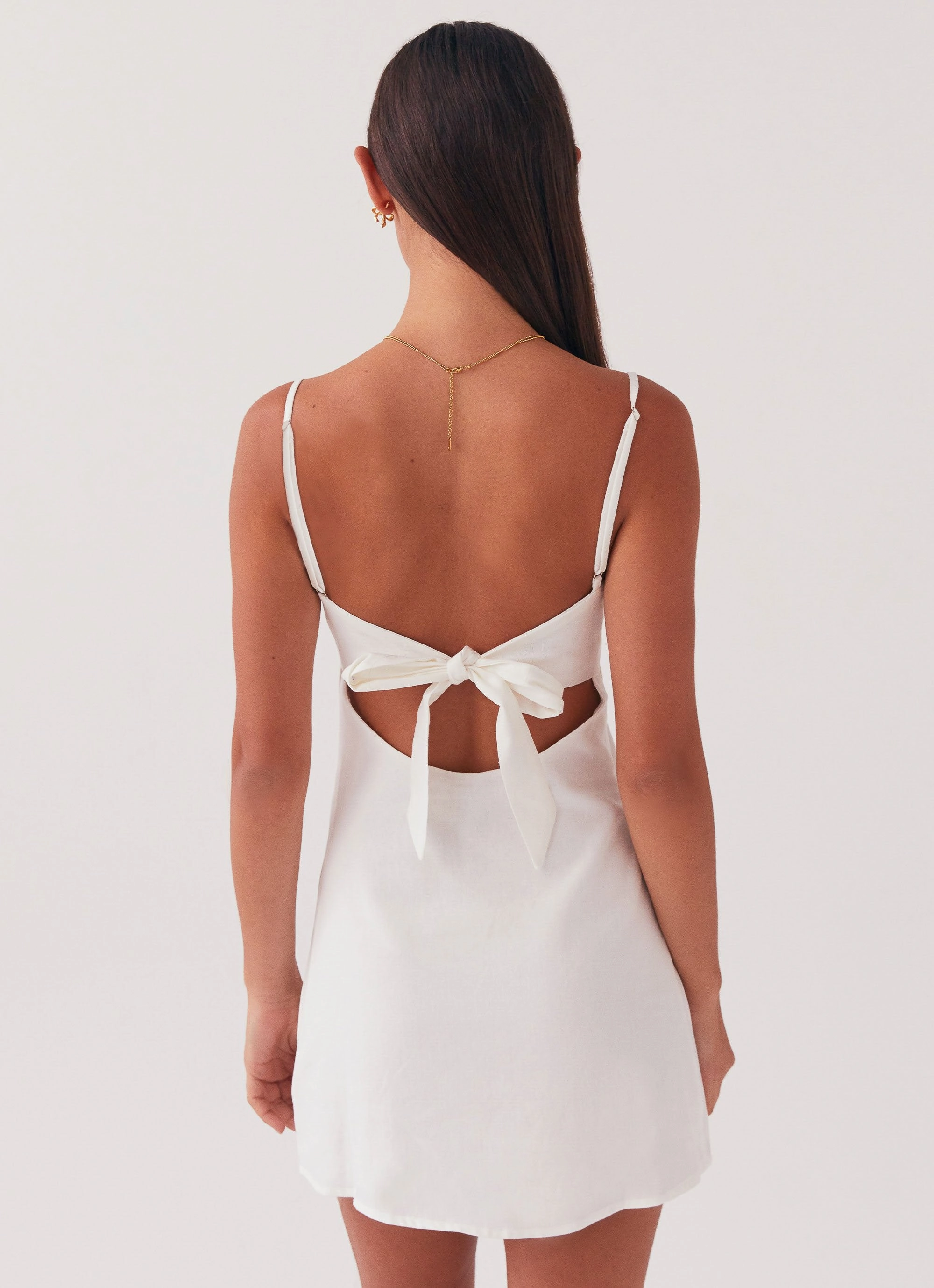 Flora Linen Mini Dress - White Brunch Tone Boat-Neck