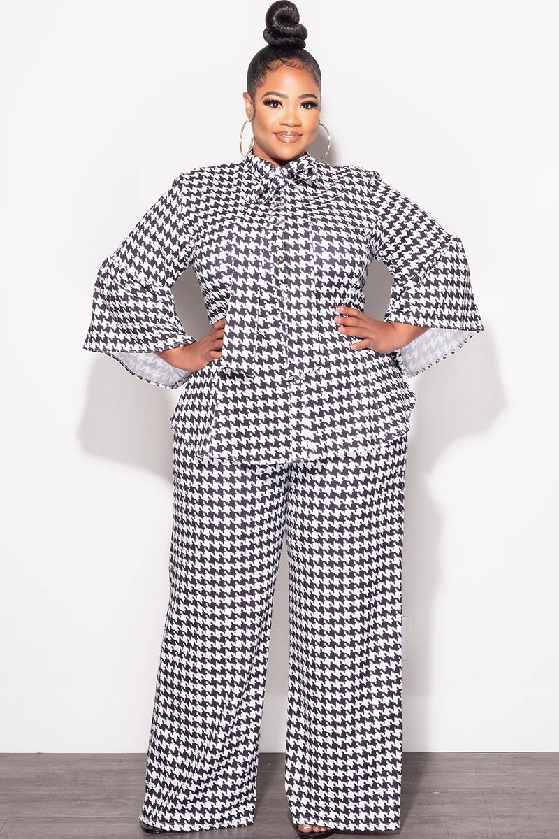 Low Maintenance Final Sale Plus Size 2pc Button Up Neck Bow Tie Bell Sleeve Top and Flare Pants Set In Black and White Design Print