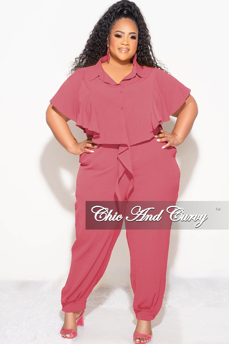 Light and Cozy Final Sale Plus Size 2pc Button Up Collar Top and Pants Set in Mauve