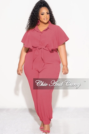 Final Sale Plus Size 2pc Button Up Collar Top and Pants Set in Mauve Light and Cozy