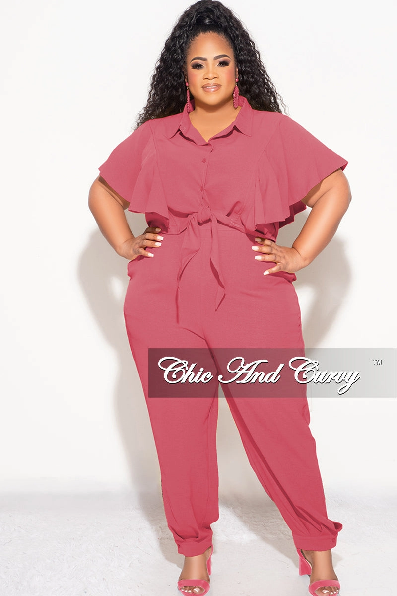 Durable Material Tailored Silhouette Final Sale Plus Size 2pc Button Up Collar Top and Pants Set in Mauve
