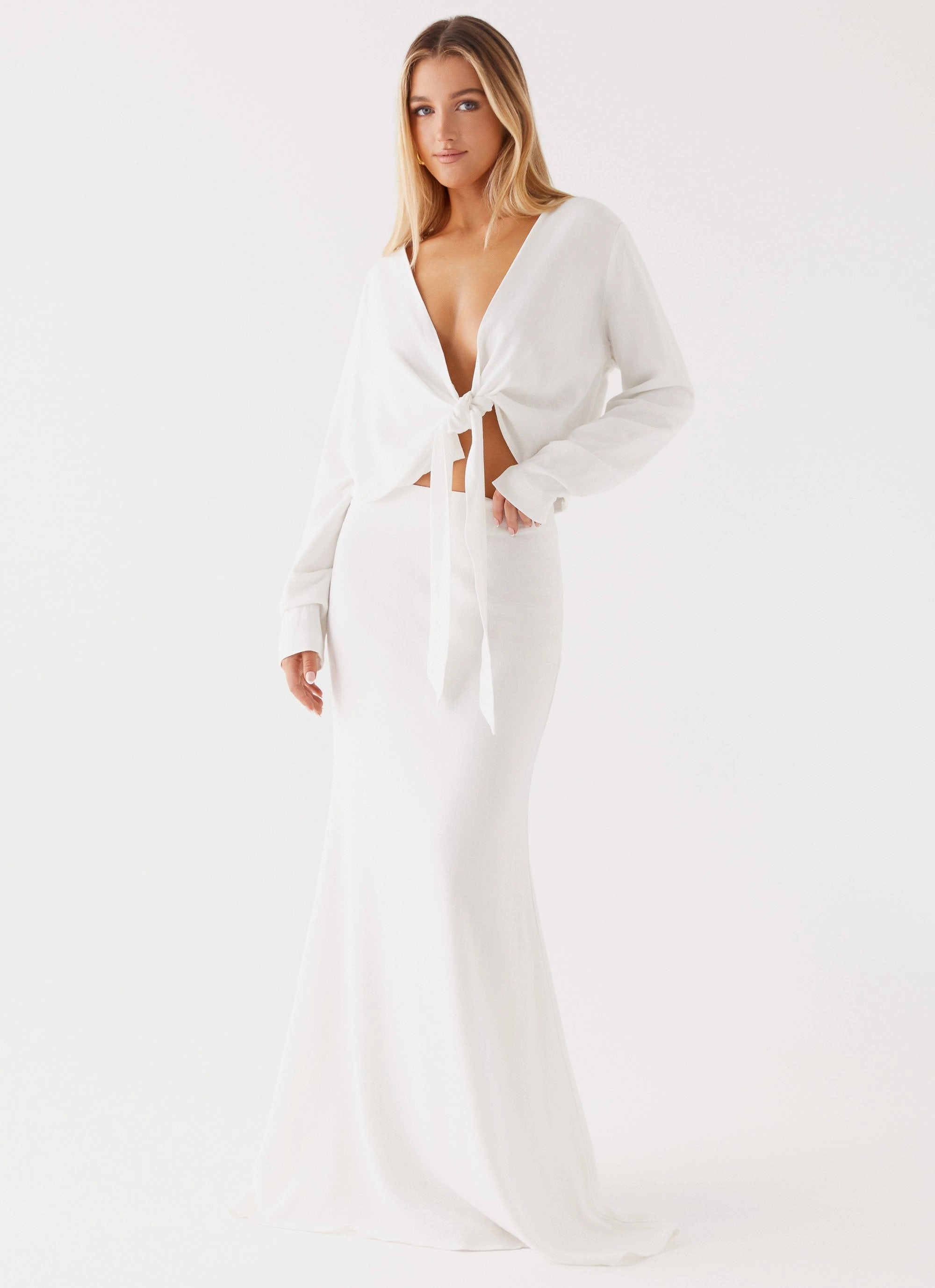 Parker Linen Maxi Skirt - White Stretch Material Pattern Print