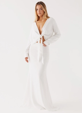 Parker Linen Maxi Skirt - White Stretch Material Pattern Print