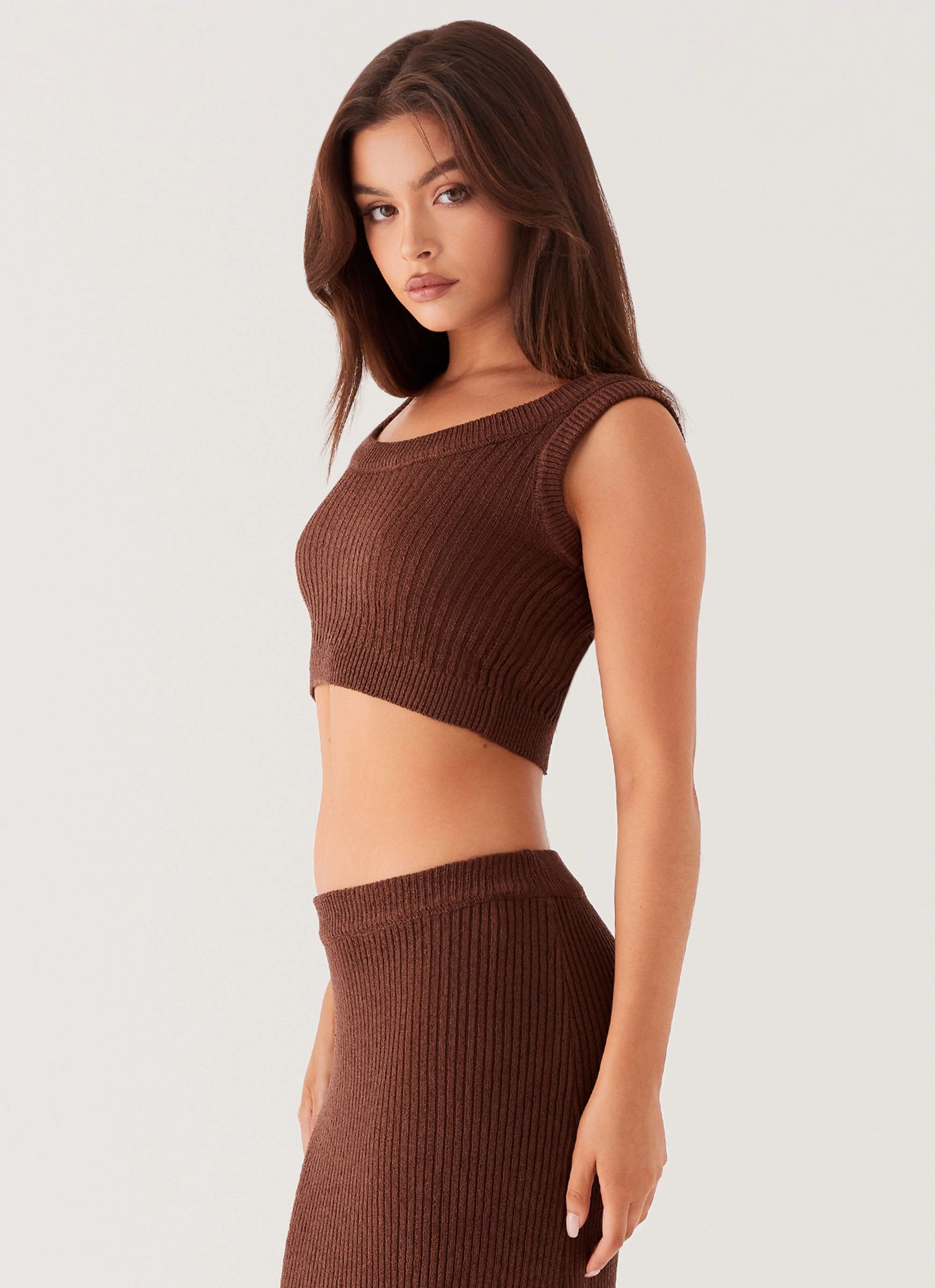 Season Fever Knit Crop Top - Chocolate FlexibleElasticatedEdging