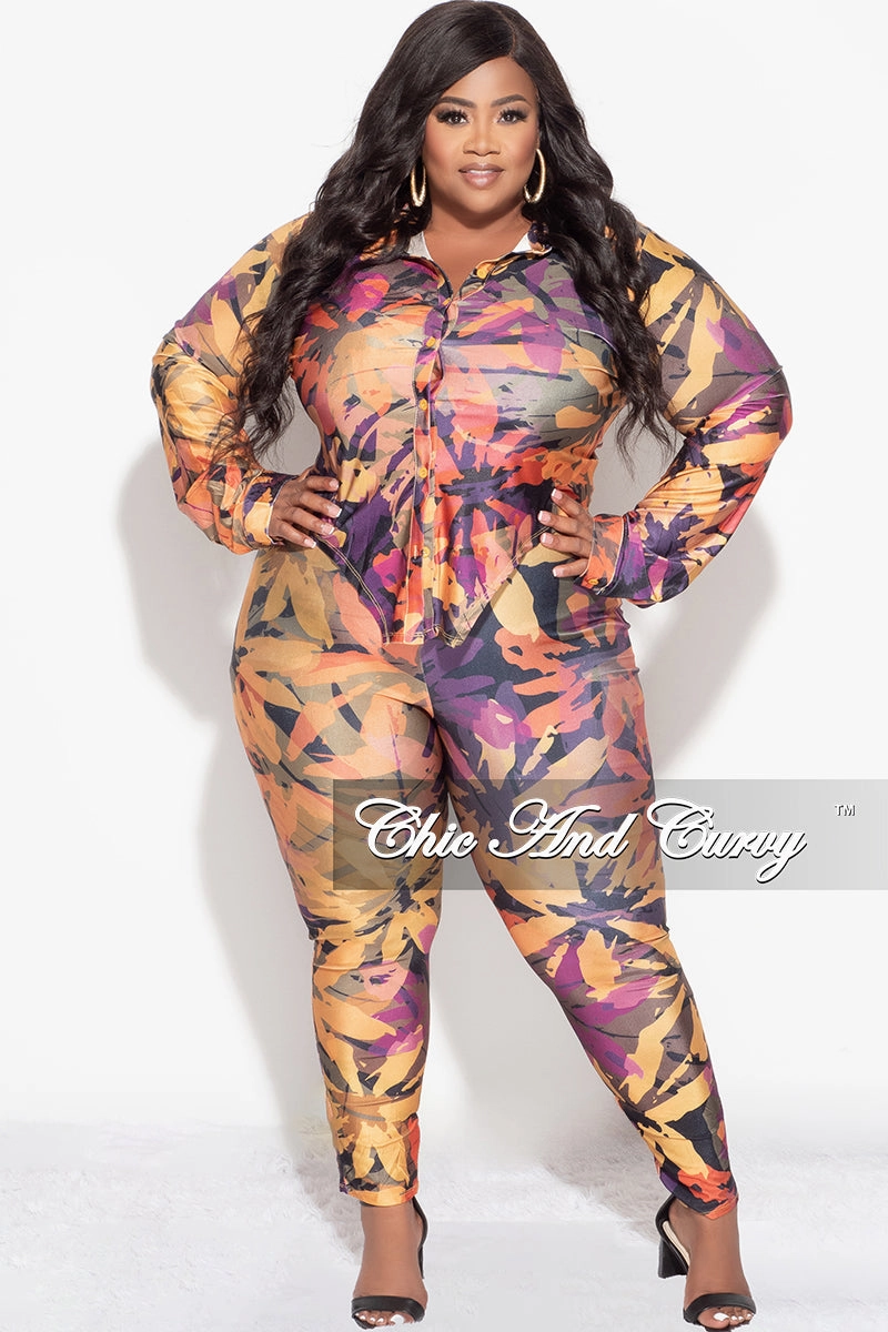 Final Sale Plus Size 2pc Button Up Collar Top and Pants Set in Mustard Multi Color Design Print Stretchable Comfort Snug Fit