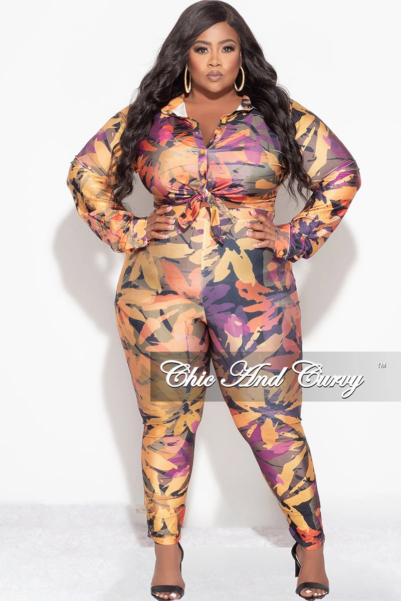 Seasonless wear Final Sale Plus Size 2pc Button Up Collar Top and Pants Set in Mustard Multi Color Design Print