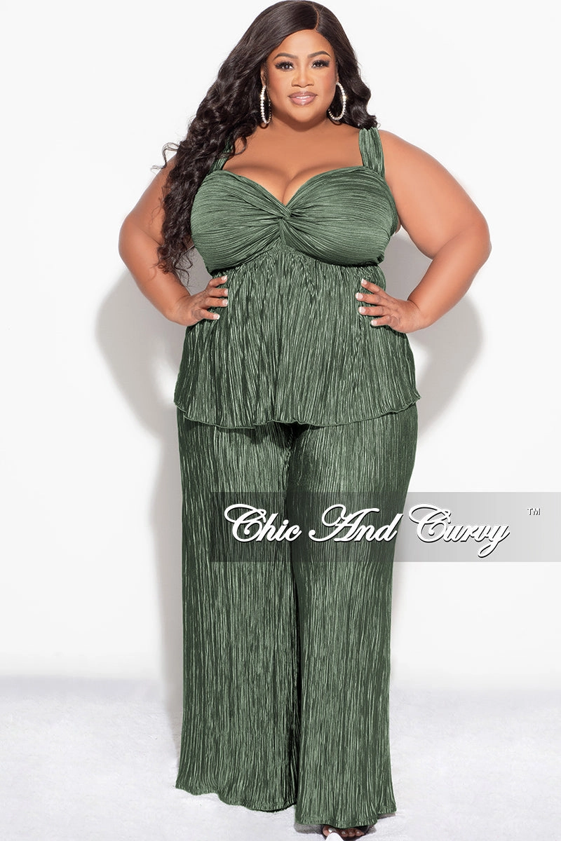 Final Sale Plus Size Sleeveless Pleated Peplum Top and Palazzo Pants Set in Olive Clean Lines