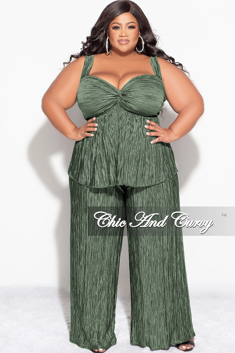 Final Sale Plus Size Sleeveless Pleated Peplum Top and Palazzo Pants Set in Olive Flexible shape Lightweight insulation