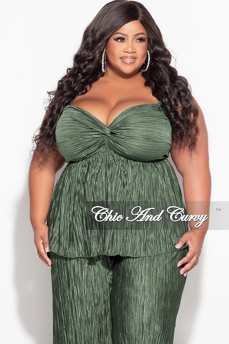 Flexible Movement Final Sale Plus Size Sleeveless Pleated Peplum Top and Palazzo Pants Set in Olive