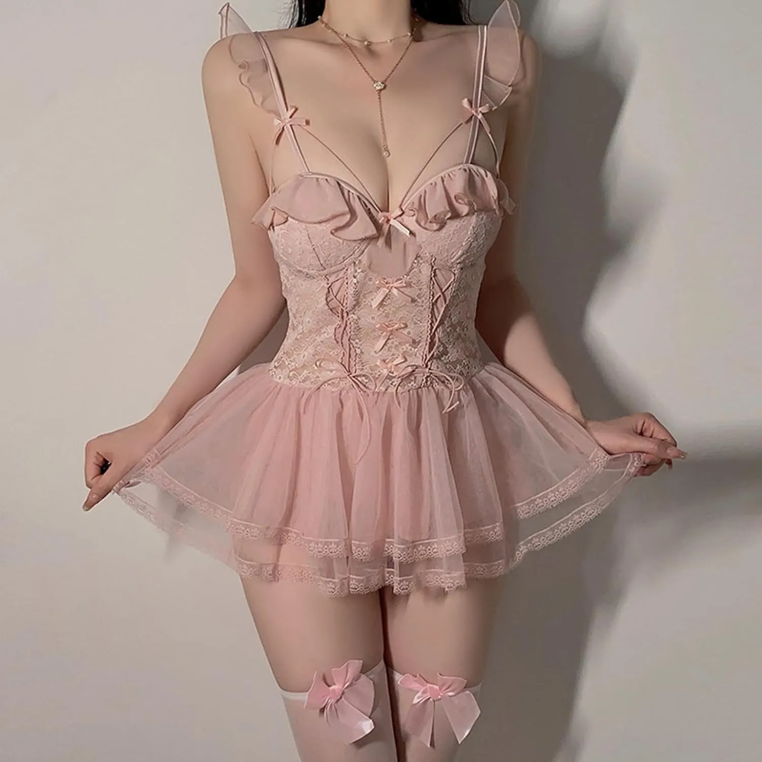 Seductive Mesh Lace Nightwear Cheongsam Lingerie Set with Thong for Moments