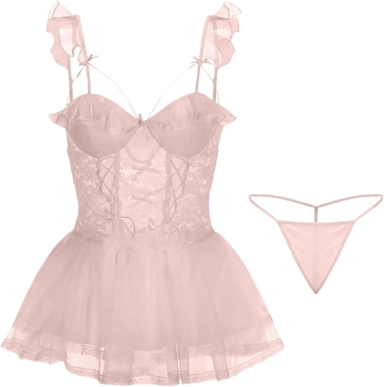 Seductive Mesh Lace Nightwear Cheongsam Lingerie Set with Thong for Moments