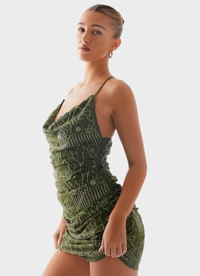 Calm Flow Tiered-Skirt Seona Beaded Dress - Khaki