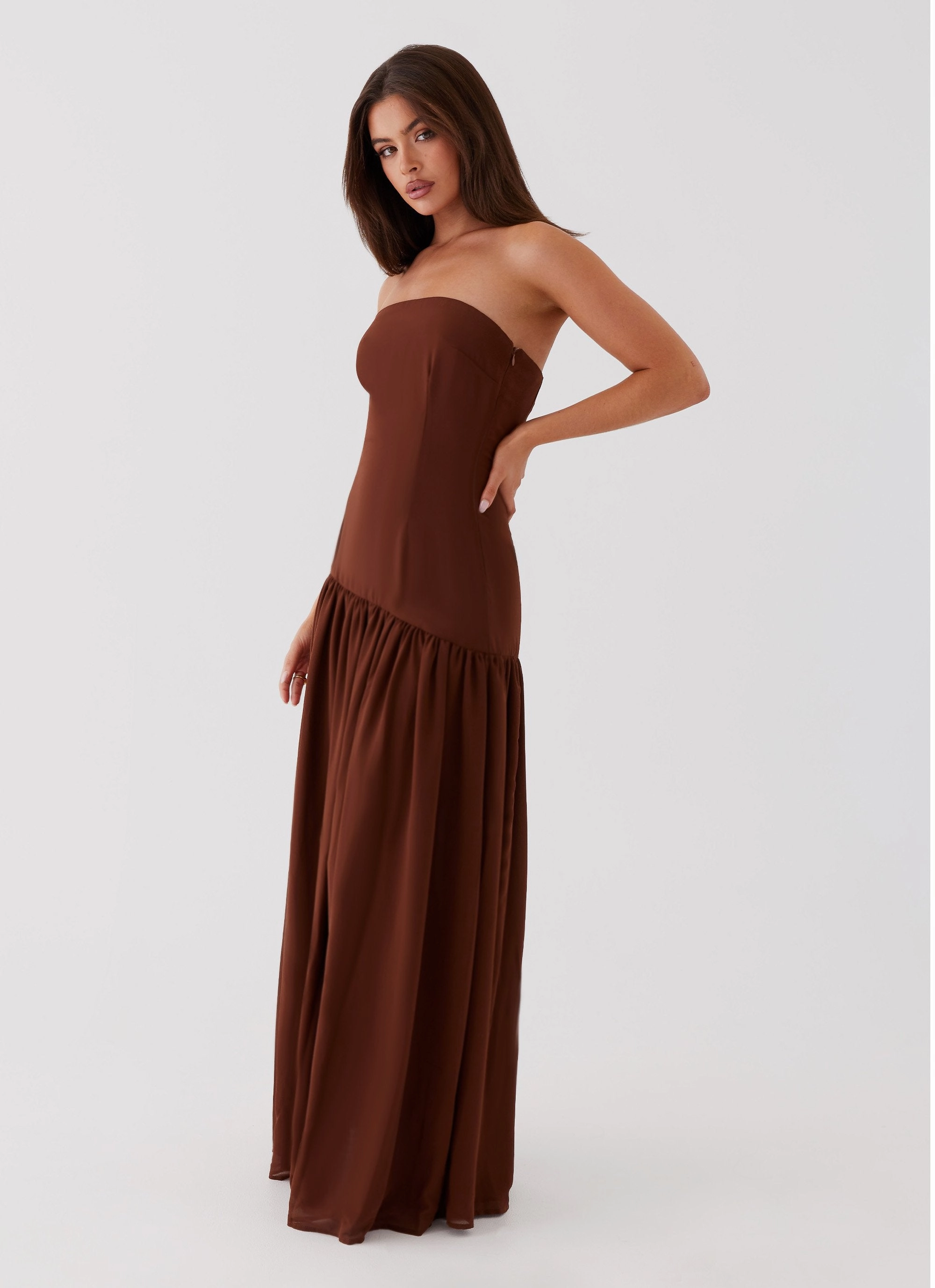 Eden Strapless Maxi Dress - Brown Soft Tone Chilly Weather Wear