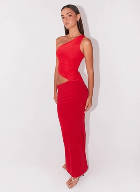 Seranella One Shoulder Maxi Dress - Cherry Red Feminine Mood