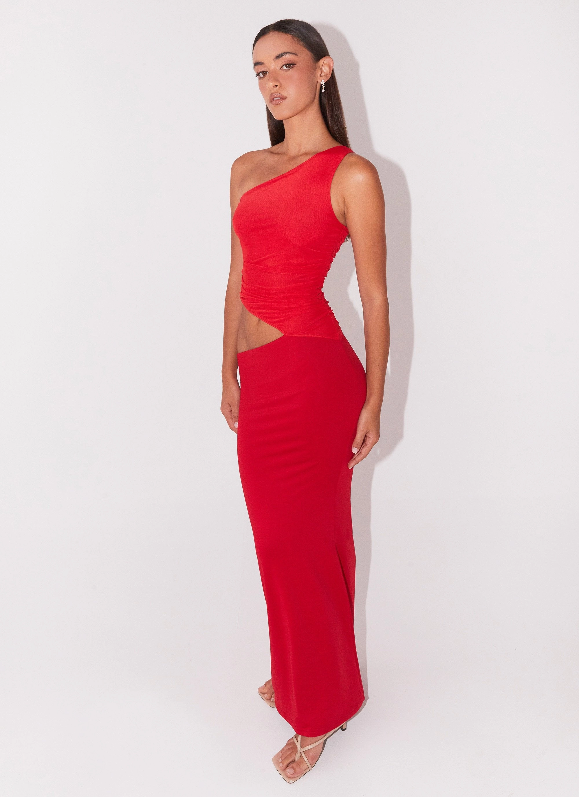 Seranella One Shoulder Maxi Dress - Cherry Red Feminine Mood