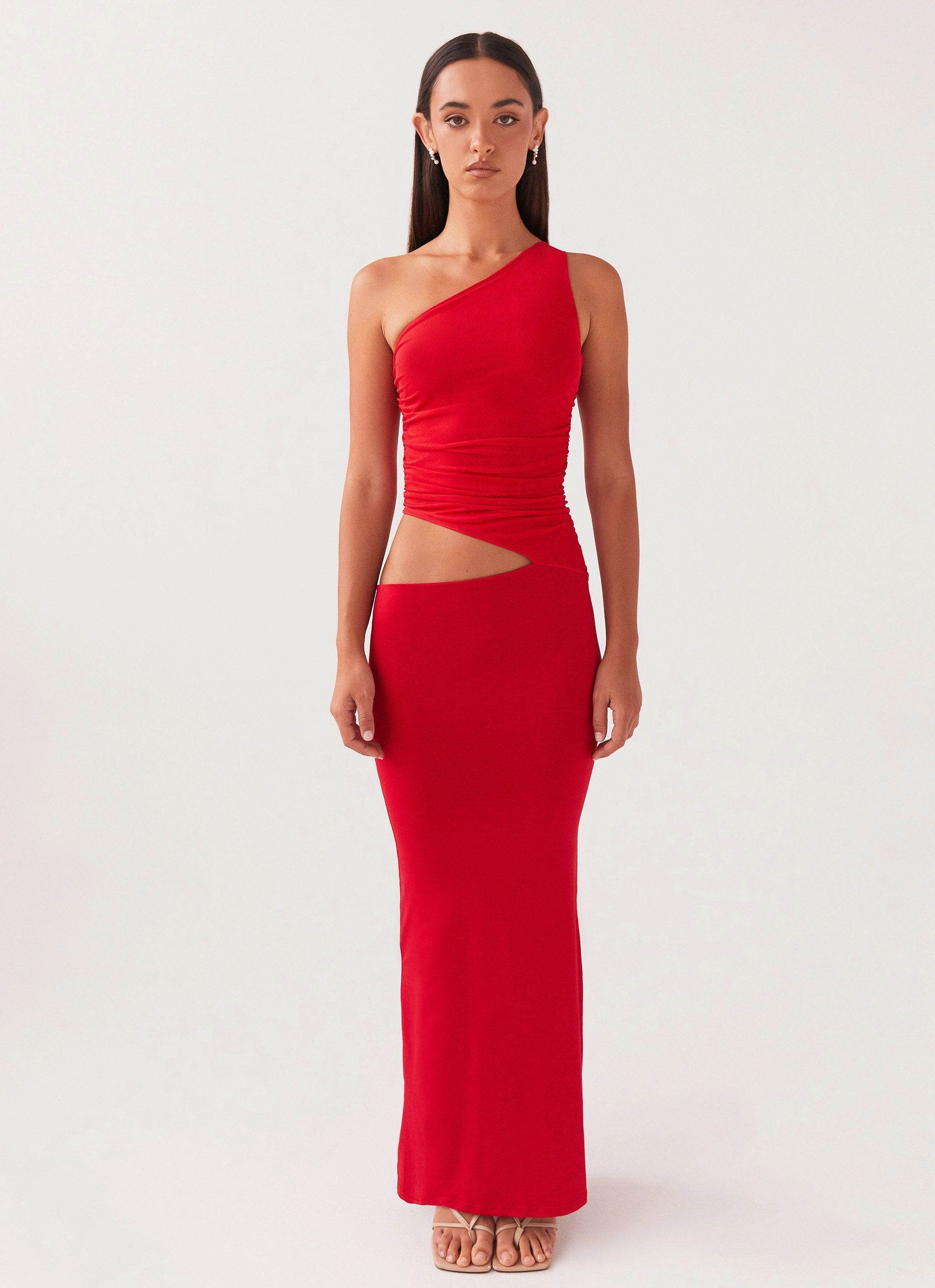 Sleek Layer Dressy Yet Comfortable Seranella One Shoulder Maxi Dress - Cherry Red