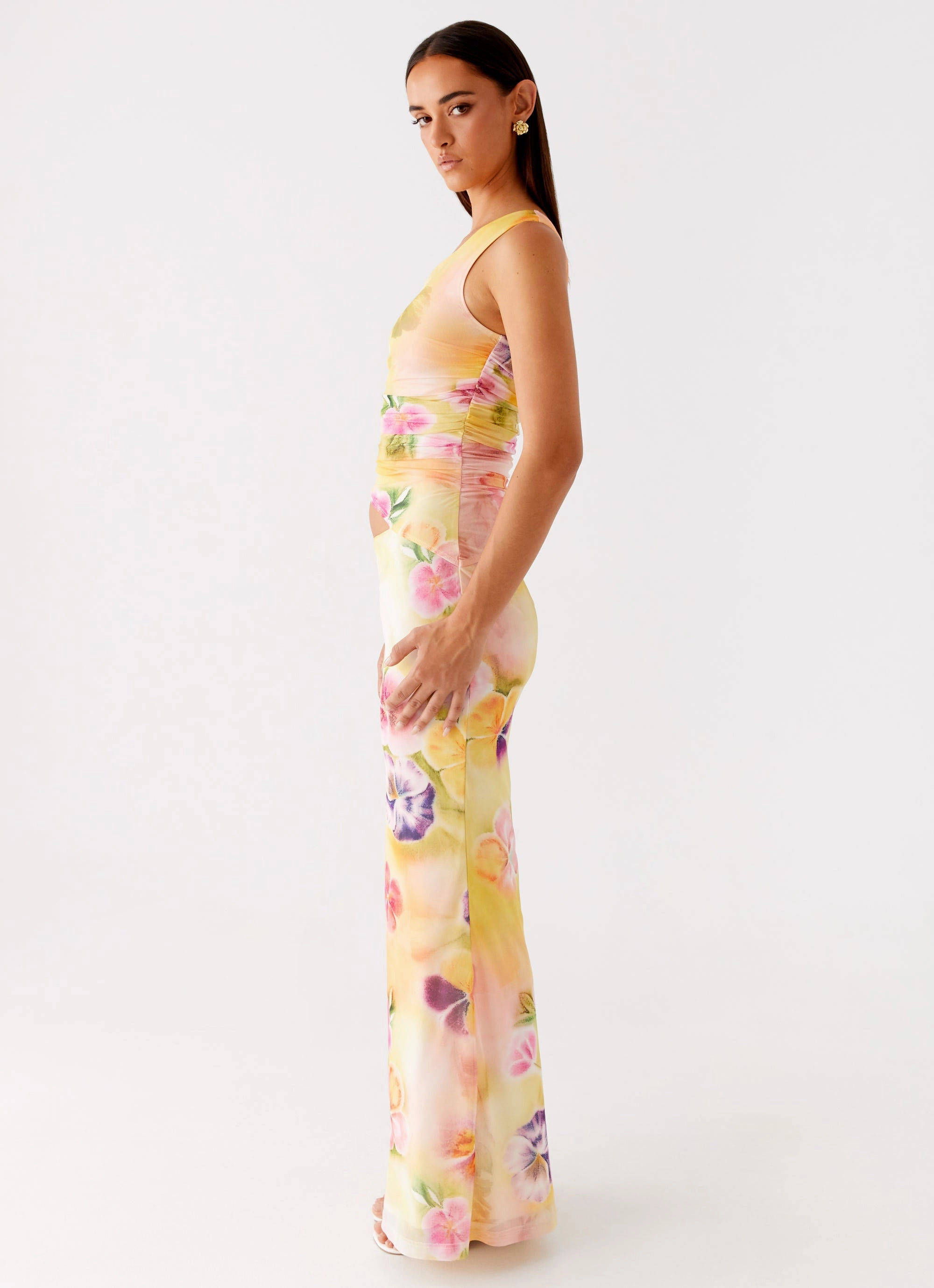 Seranella One Shoulder Maxi Dress - Sunburst Floral ElasticWaistband All-Purpose Wear