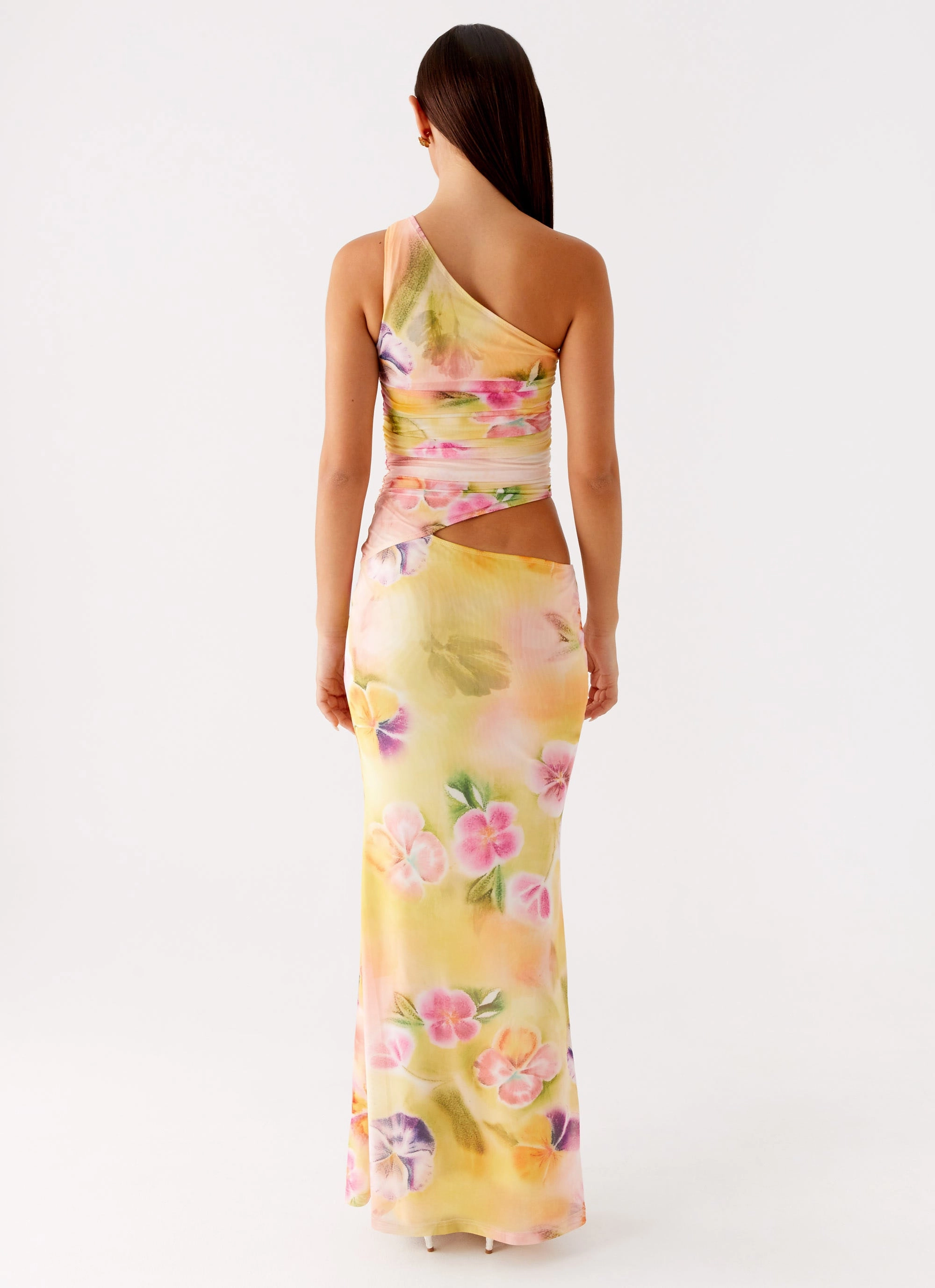 Stylish party wear Gradient Shade Seranella One Shoulder Maxi Dress - Sunburst Floral