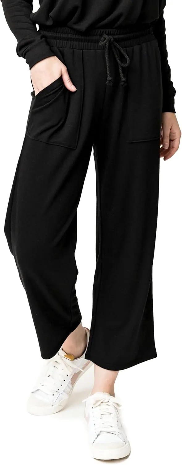Serene Mornings Wide Leg Crop Pant Cozy Lounge Bottom Soft Knit Casual Wear for Women Black XXS