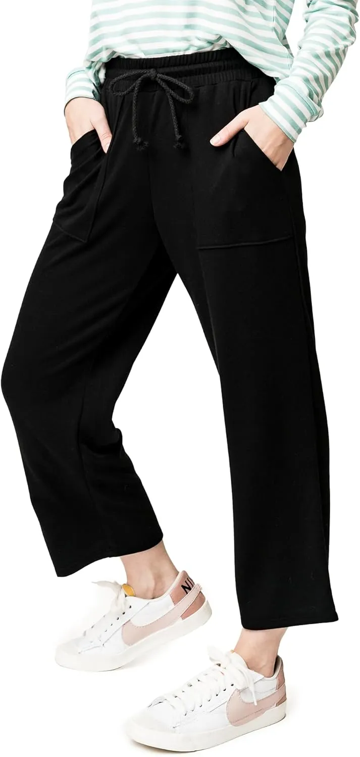 Serene Mornings Wide Leg Crop Pant Cozy Lounge Bottom Soft Knit Casual Wear for Women Black XXS