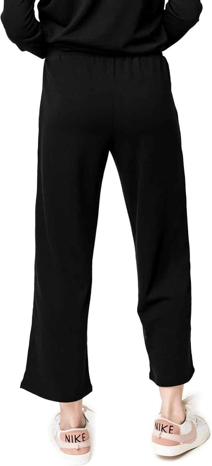 Serene Mornings Wide Leg Crop Pant Cozy Lounge Bottom Soft Knit Casual Wear for Women Black XXS