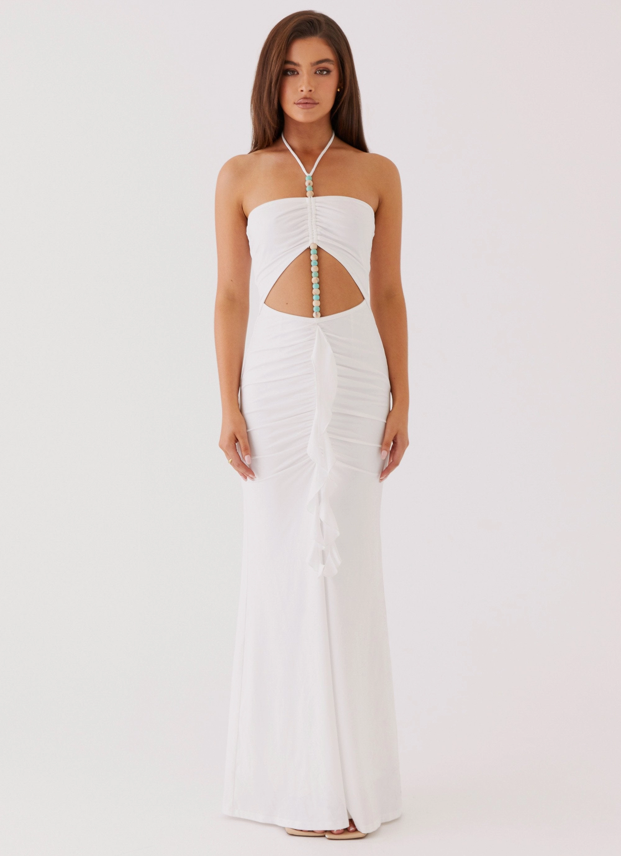 Serina Ruffle Maxi Dress - White Garden Fresh Fresh Texture
