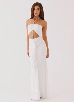 Halter-Neck Serina Ruffle Maxi Dress - White