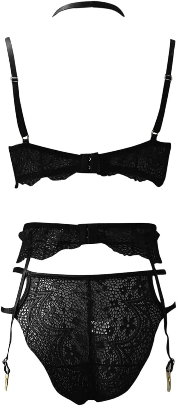 Sexy Lingerie for Women For Women Sexy Lace Halter Bralette High Waist Panty Set