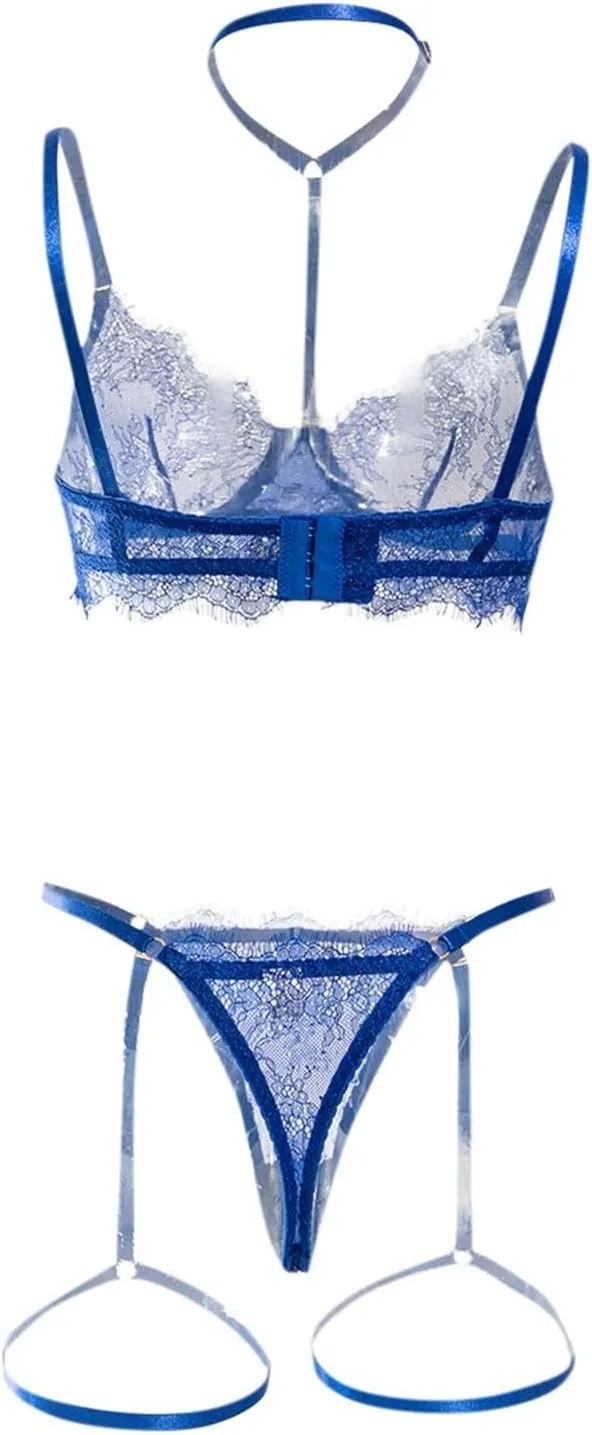 Sexy Lingerie Women Sheer See Through 3 Piece G String Set Comfortable Stretchy Lace Loungewear Bra & Underwear